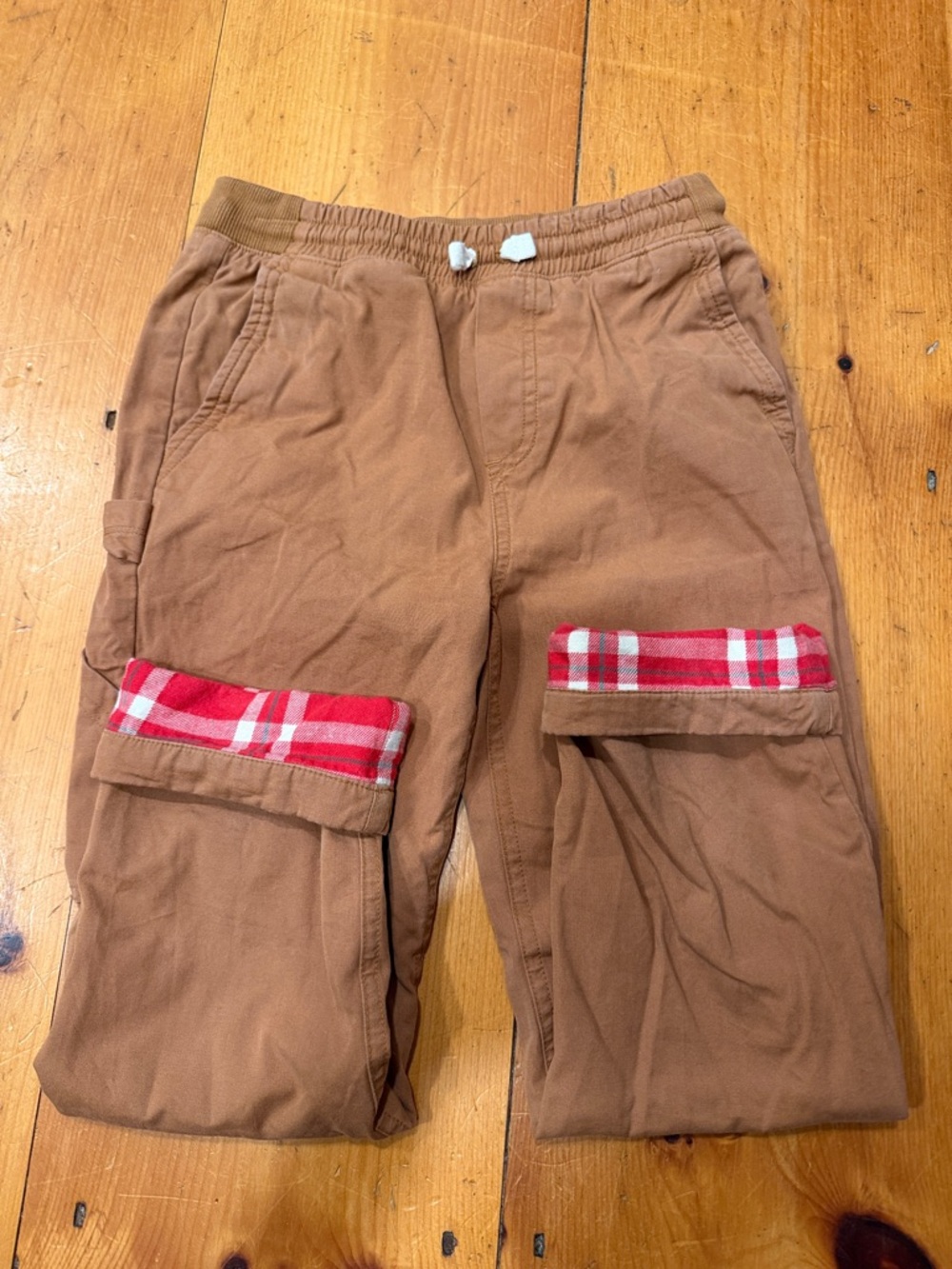 Hanna Andersson Brown Pants lined flannel Red Plaid adjustable elastic waist 8